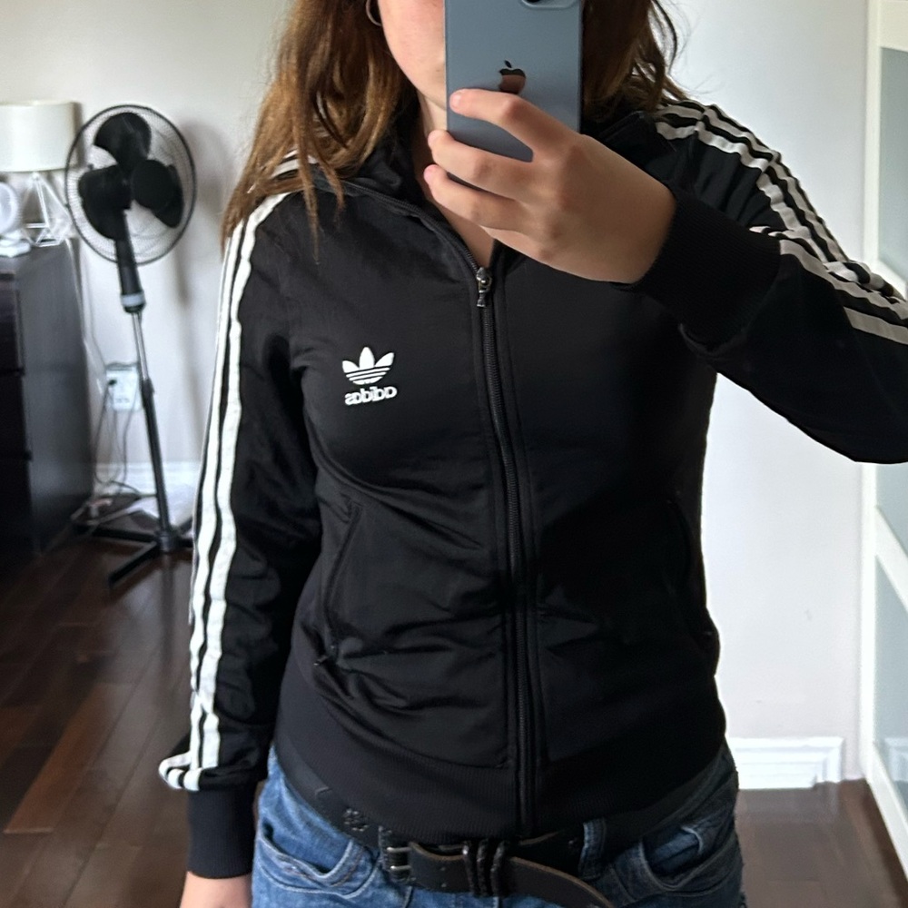 Adidas Women's Black Bomber Jacket with White Stripes